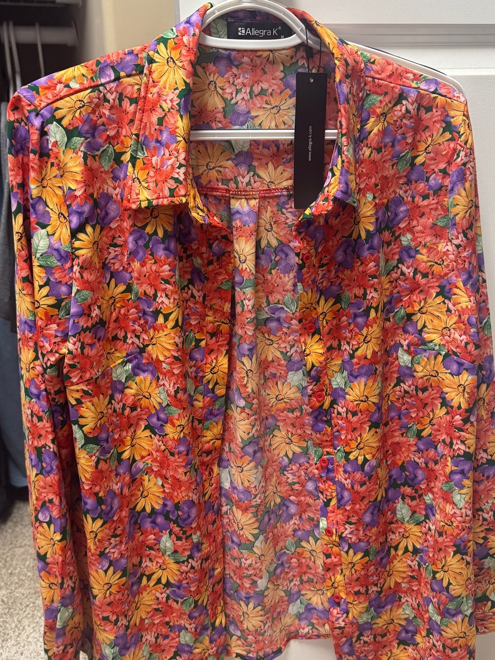Allegra K Orange and Purple Floral Button-Front Top